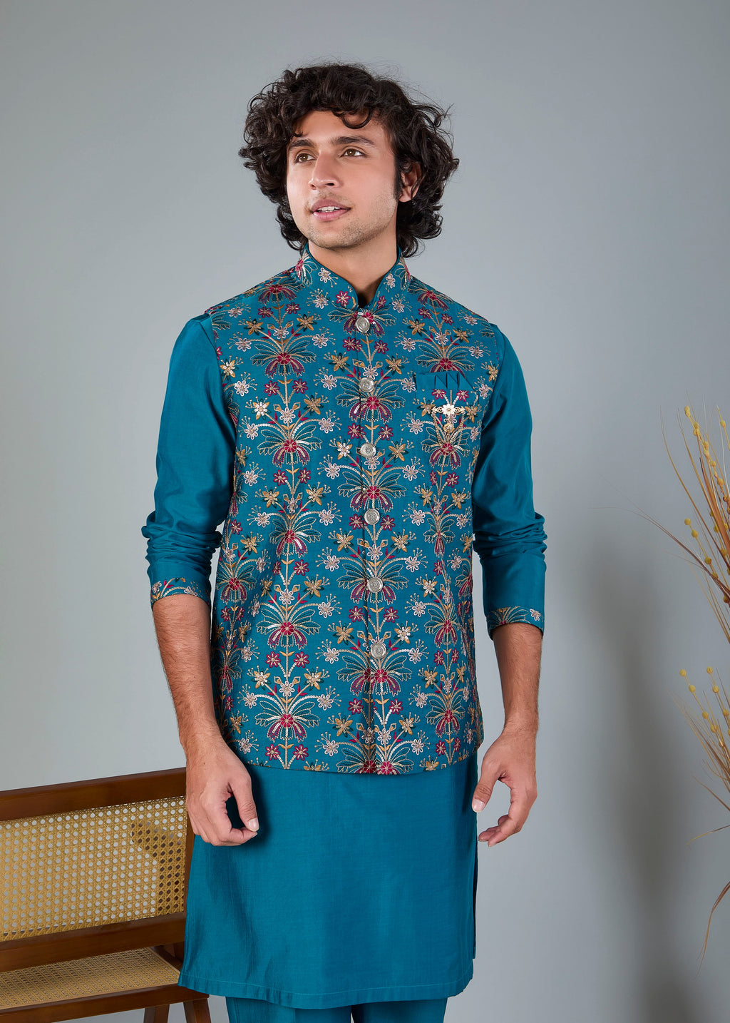 Rich Raw Silk Men’s Kurta Jacket Set in Peacock Blue for Festive Style