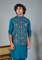 Rich Raw Silk Men’s Kurta Jacket Set in Peacock Blue for Festive Style