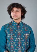 Rich Raw Silk Men’s Kurta Jacket Set in Peacock Blue for Festive Style