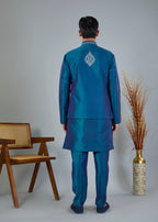 Raw Silk Pastel Green Men's Kurta Jacket Set with Embroidery Touch