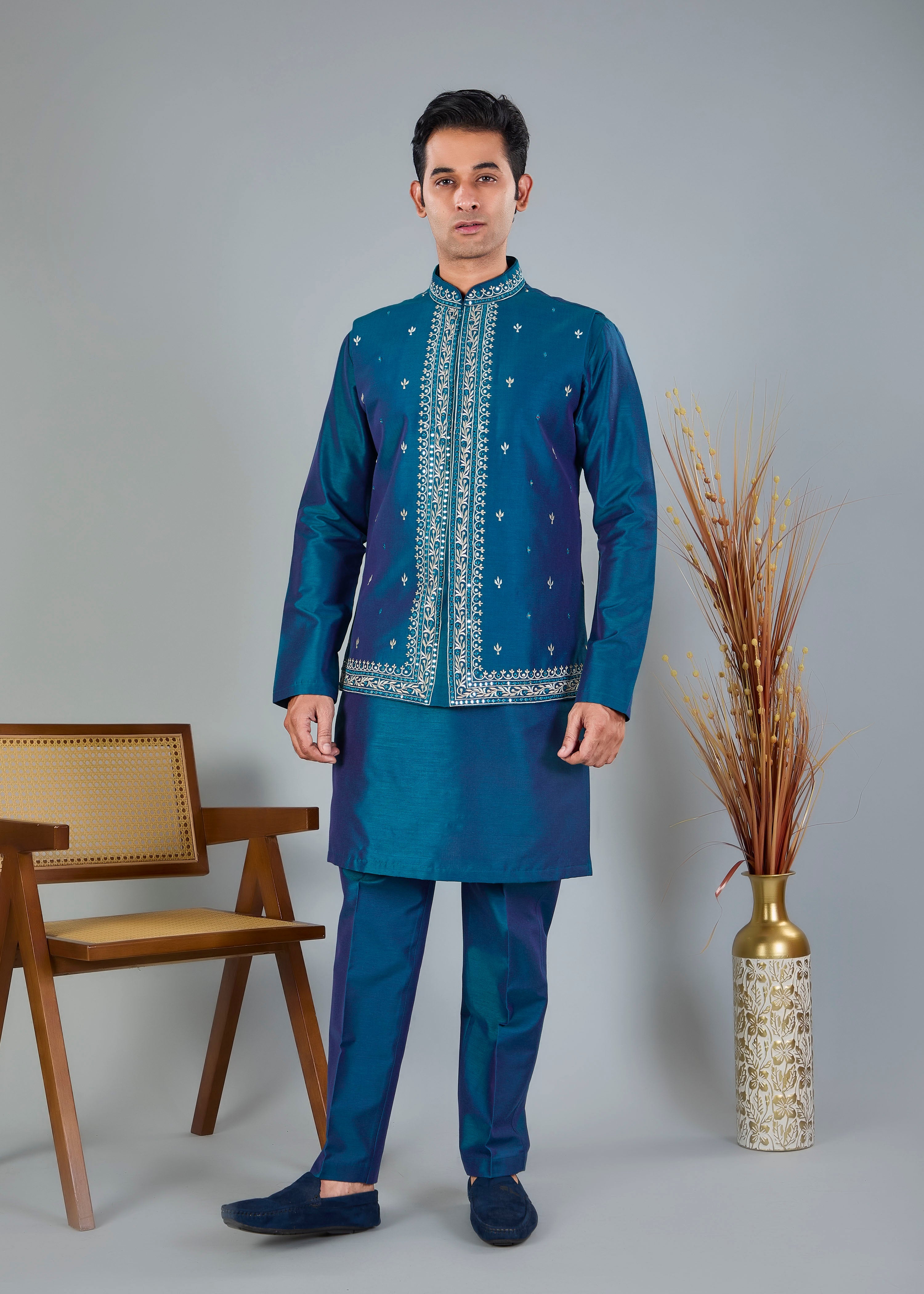 Raw Silk Pastel Green Men's Kurta Jacket Set with Embroidery Touch