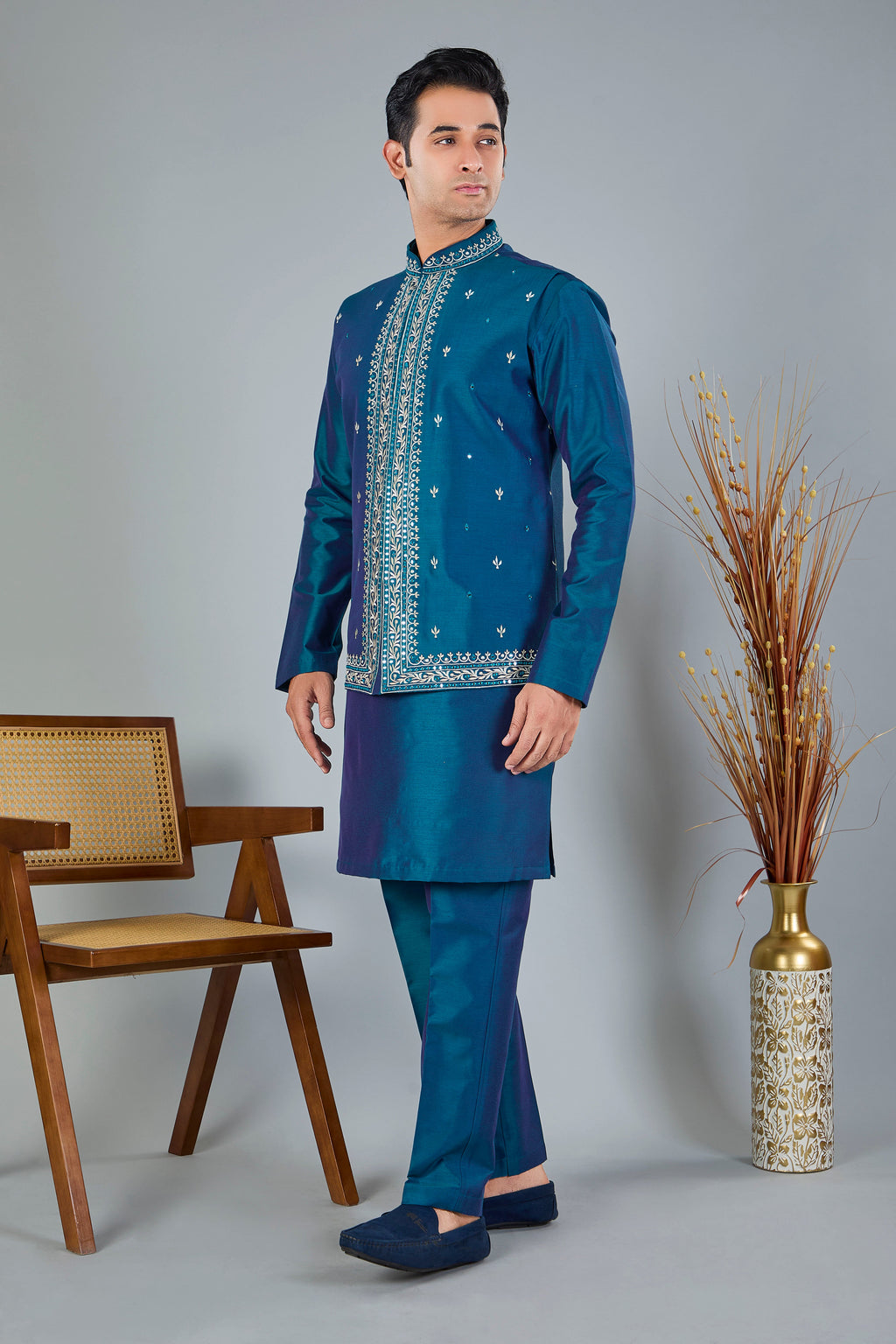 Raw Silk Pastel Green Men's Kurta Jacket Set with Embroidery Touch
