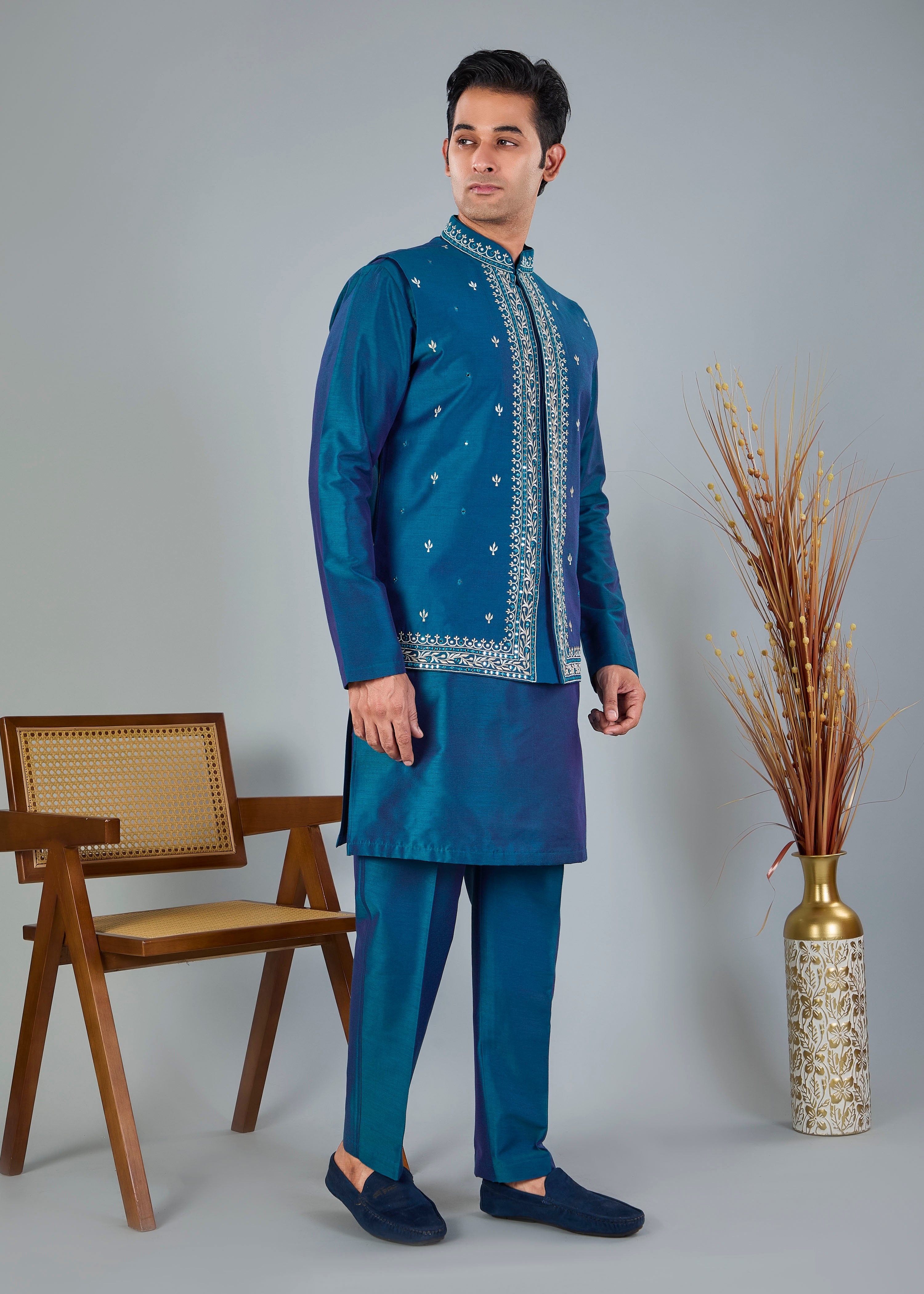 Raw Silk Pastel Green Men's Kurta Jacket Set with Embroidery Touch