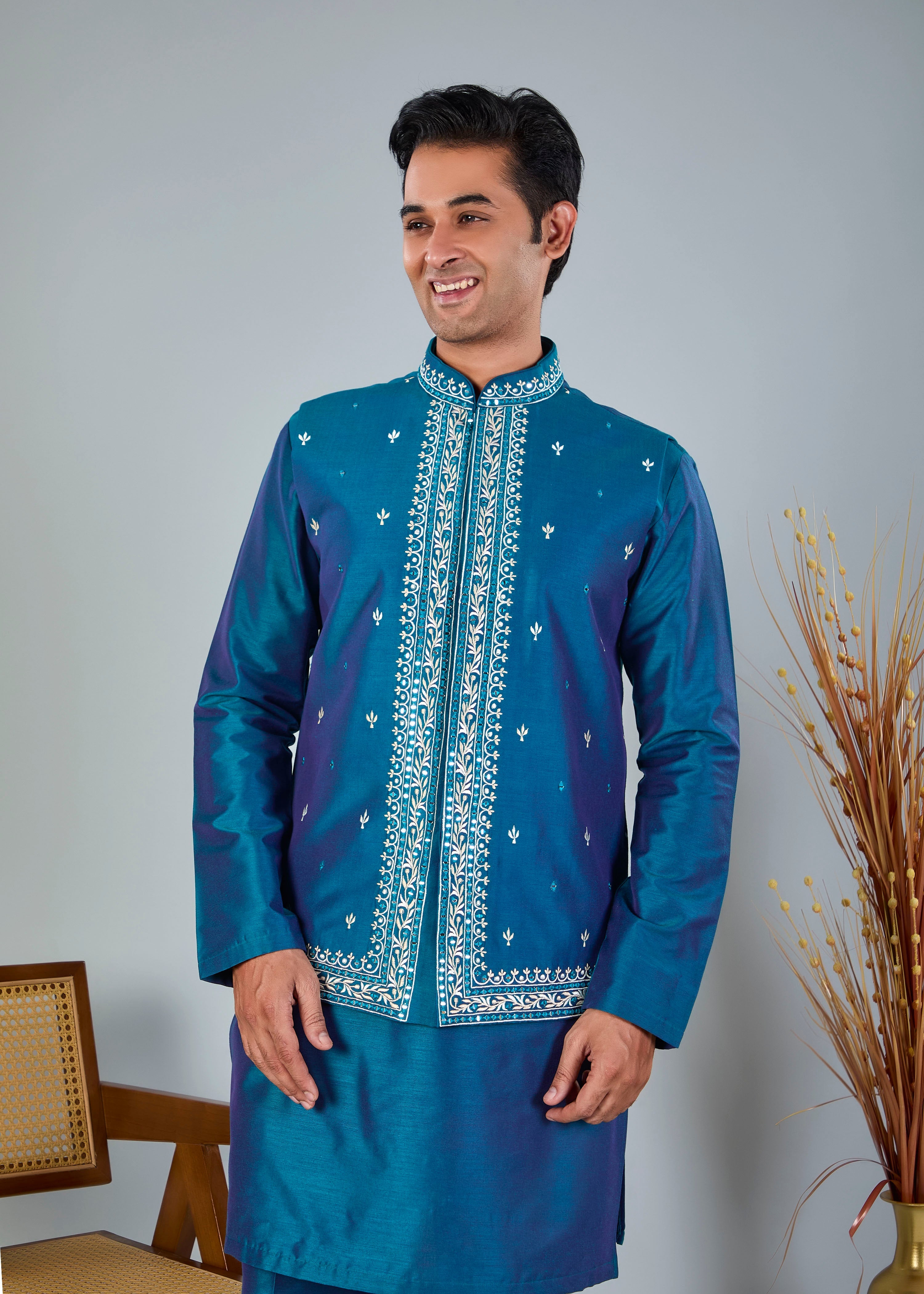 Raw Silk Pastel Green Men's Kurta Jacket Set with Embroidery Touch