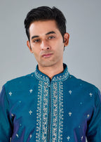 Raw Silk Pastel Green Men's Kurta Jacket Set with Embroidery Touch