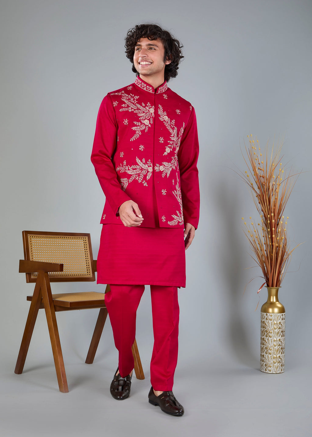 Royal Magenta Raw Silk Kurta Jacket Set for Wedding Celebrations