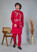 Royal Magenta Raw Silk Kurta Jacket Set for Wedding Celebrations