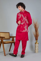 Royal Magenta Raw Silk Kurta Jacket Set for Wedding Celebrations