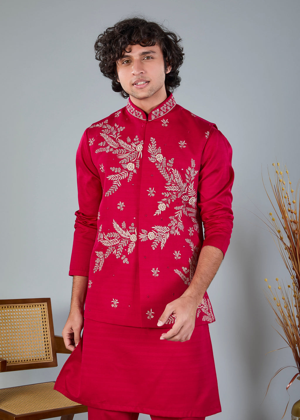Royal Magenta Raw Silk Kurta Jacket Set for Wedding Celebrations