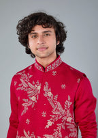 Royal Magenta Raw Silk Kurta Jacket Set for Wedding Celebrations