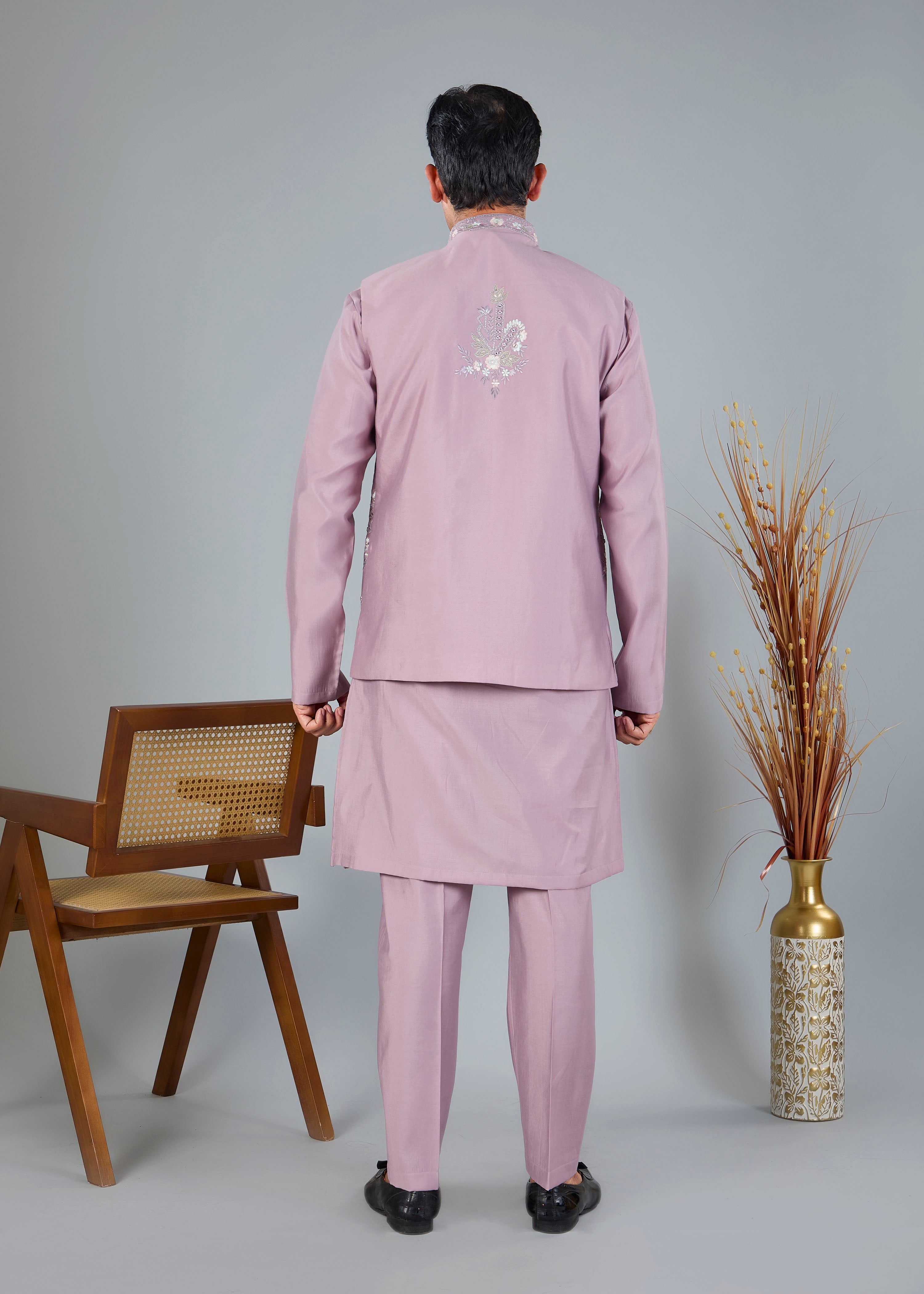 Raw Silk Men's Kurta Jacket Set Pastel Pink  with Modern Styling
