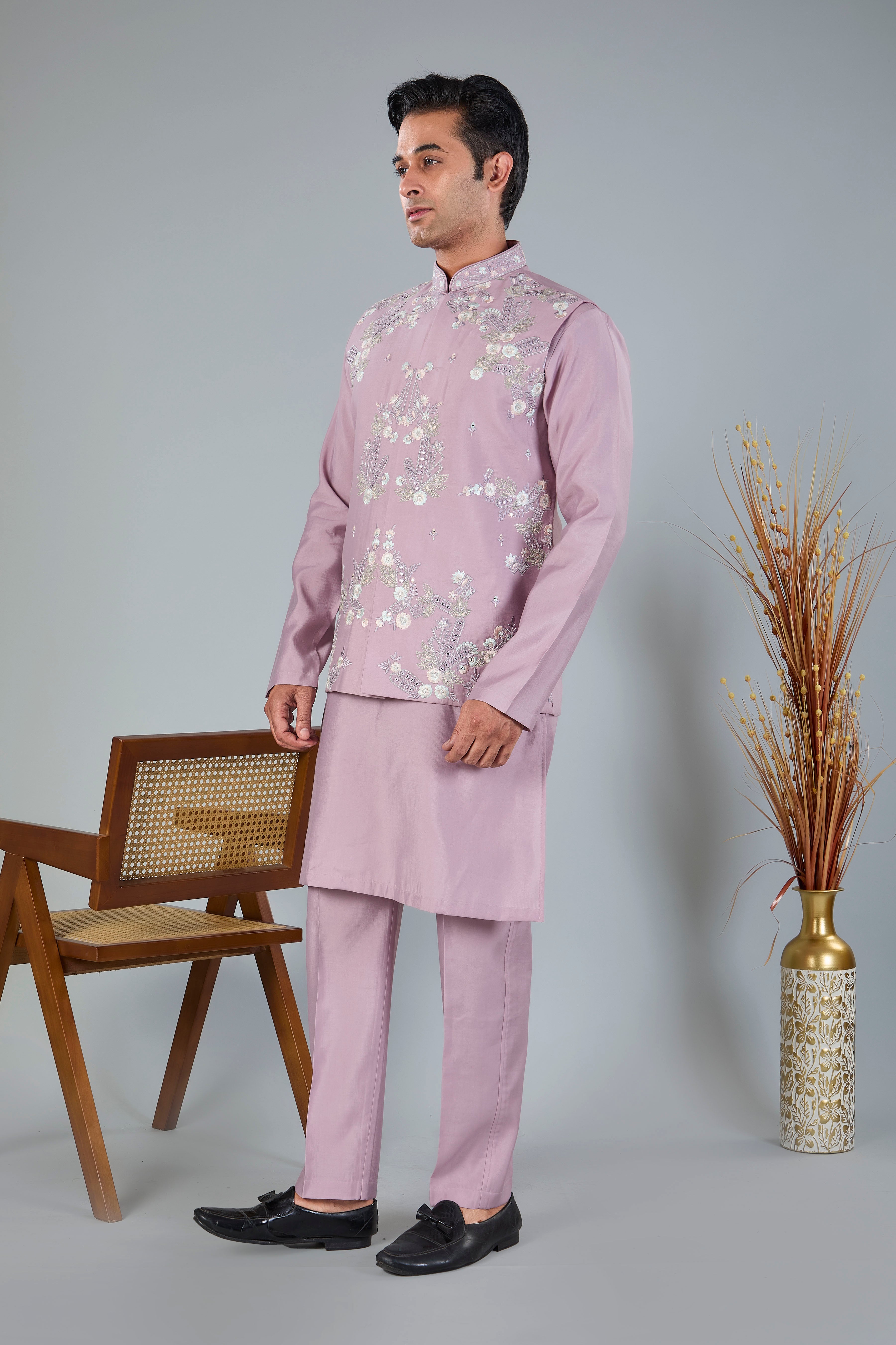 Raw Silk Men's Kurta Jacket Set Pastel Pink  with Modern Styling