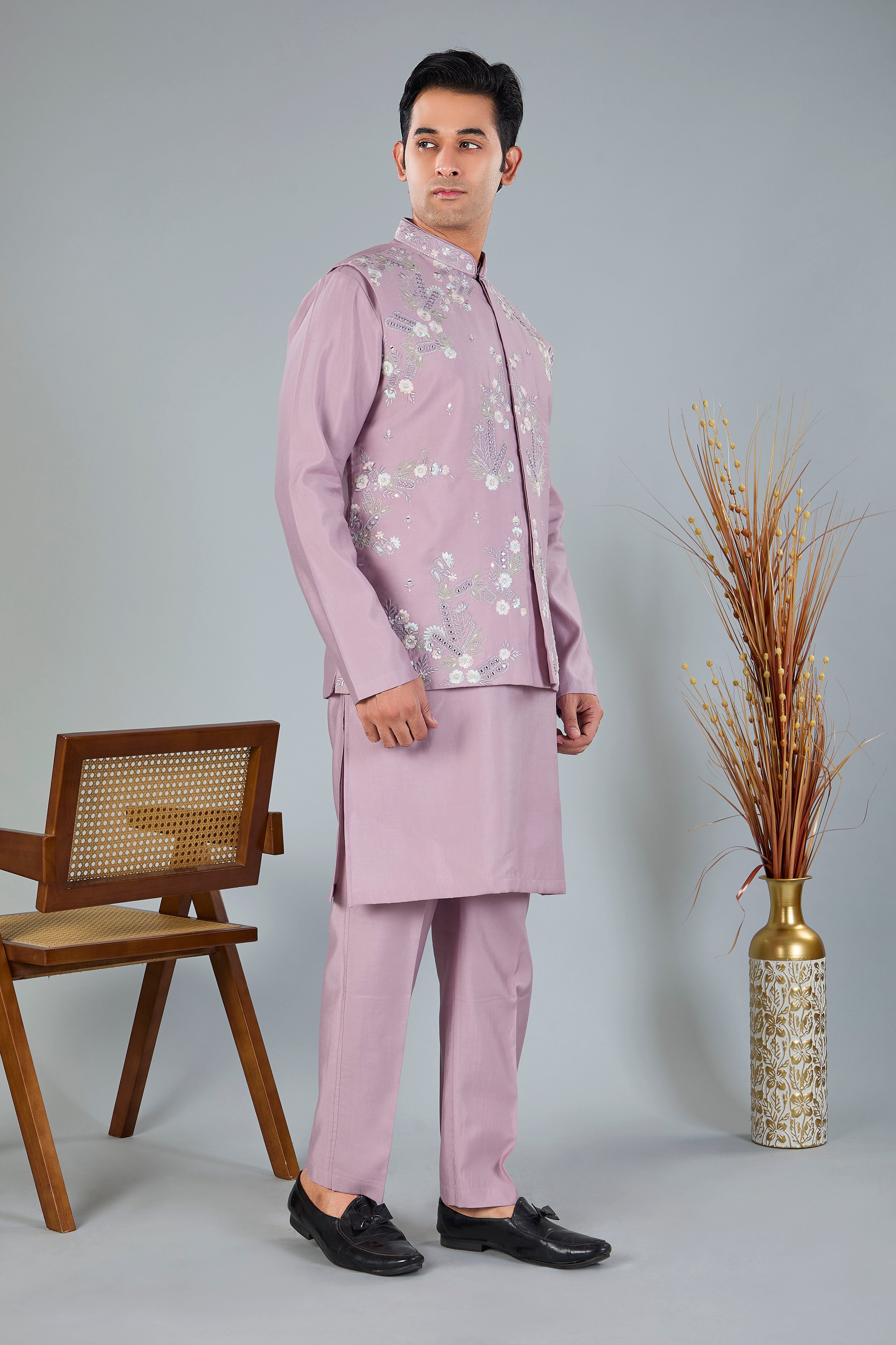 Raw Silk Men's Kurta Jacket Set Pastel Pink  with Modern Styling