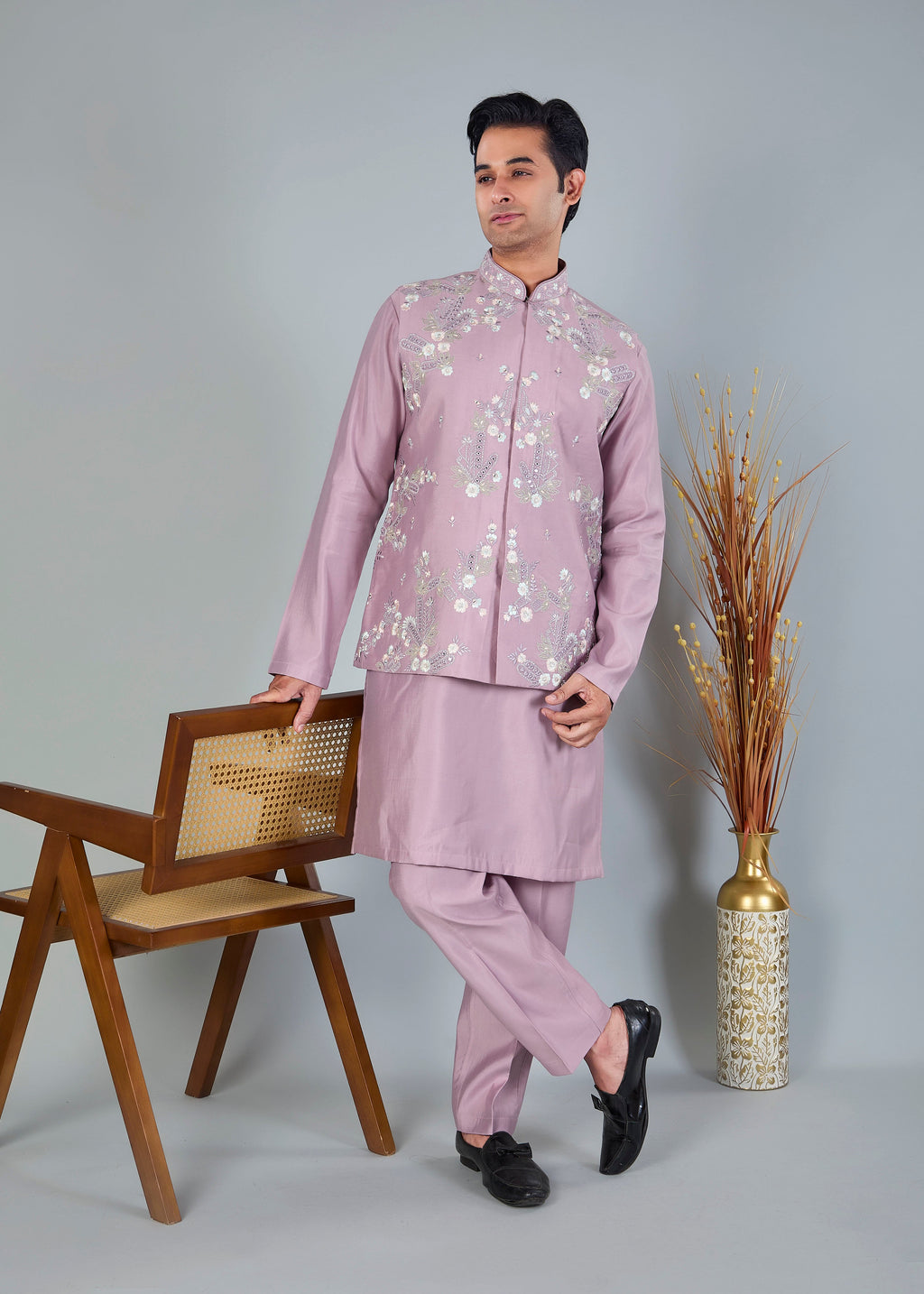 Raw Silk Men's Kurta Jacket Set Pastel Pink  with Modern Styling