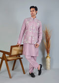 Raw Silk Men's Kurta Jacket Set Pastel Pink  with Modern Styling