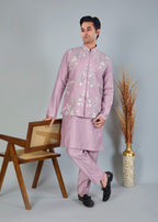 Raw Silk Men's Kurta Jacket Set Pastel Pink  with Modern Styling