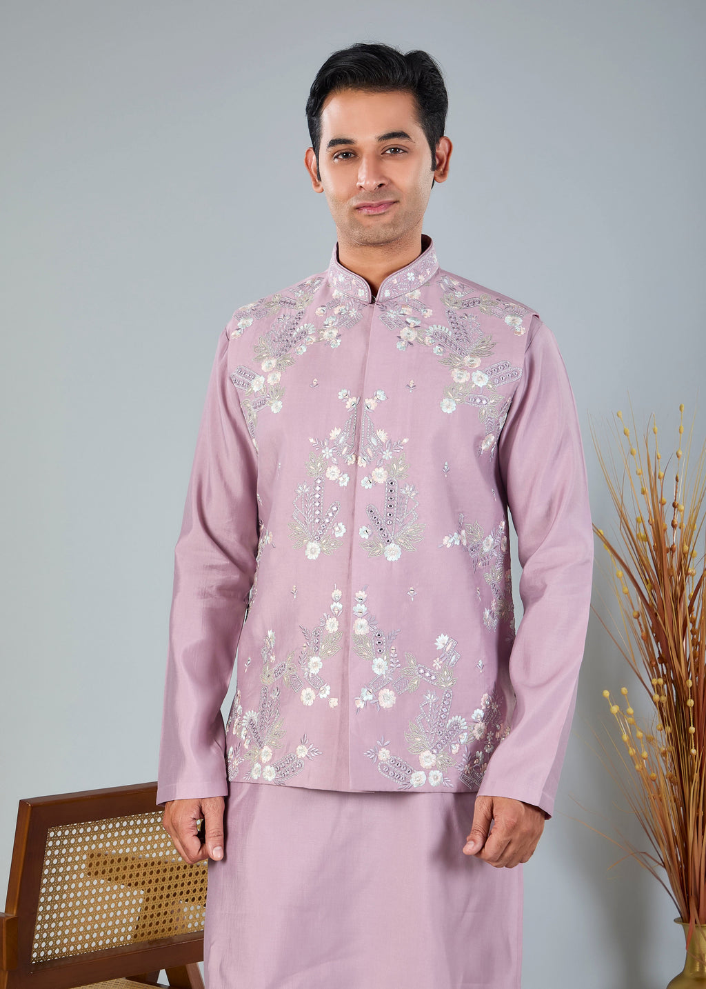 Raw Silk Men's Kurta Jacket Set Pastel Pink  with Modern Styling