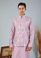 Raw Silk Men's Kurta Jacket Set Pastel Pink  with Modern Styling