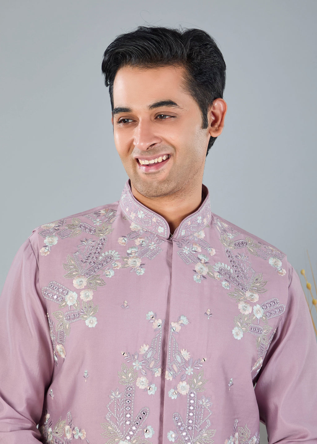 Raw Silk Men's Kurta Jacket Set Pastel Pink  with Modern Styling