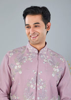 Raw Silk Men's Kurta Jacket Set Pastel Pink  with Modern Styling