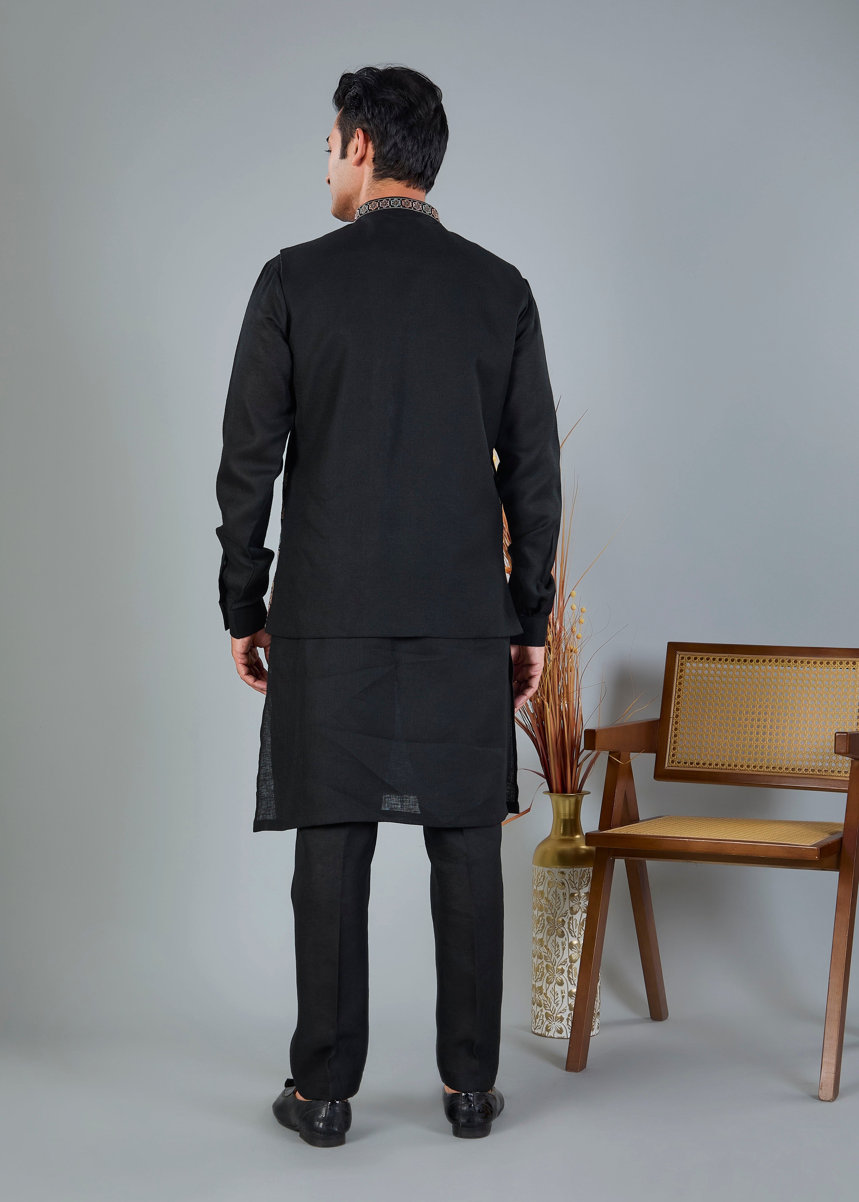 Men's Black Kurta Jacket Set with zari and resham work for Reception