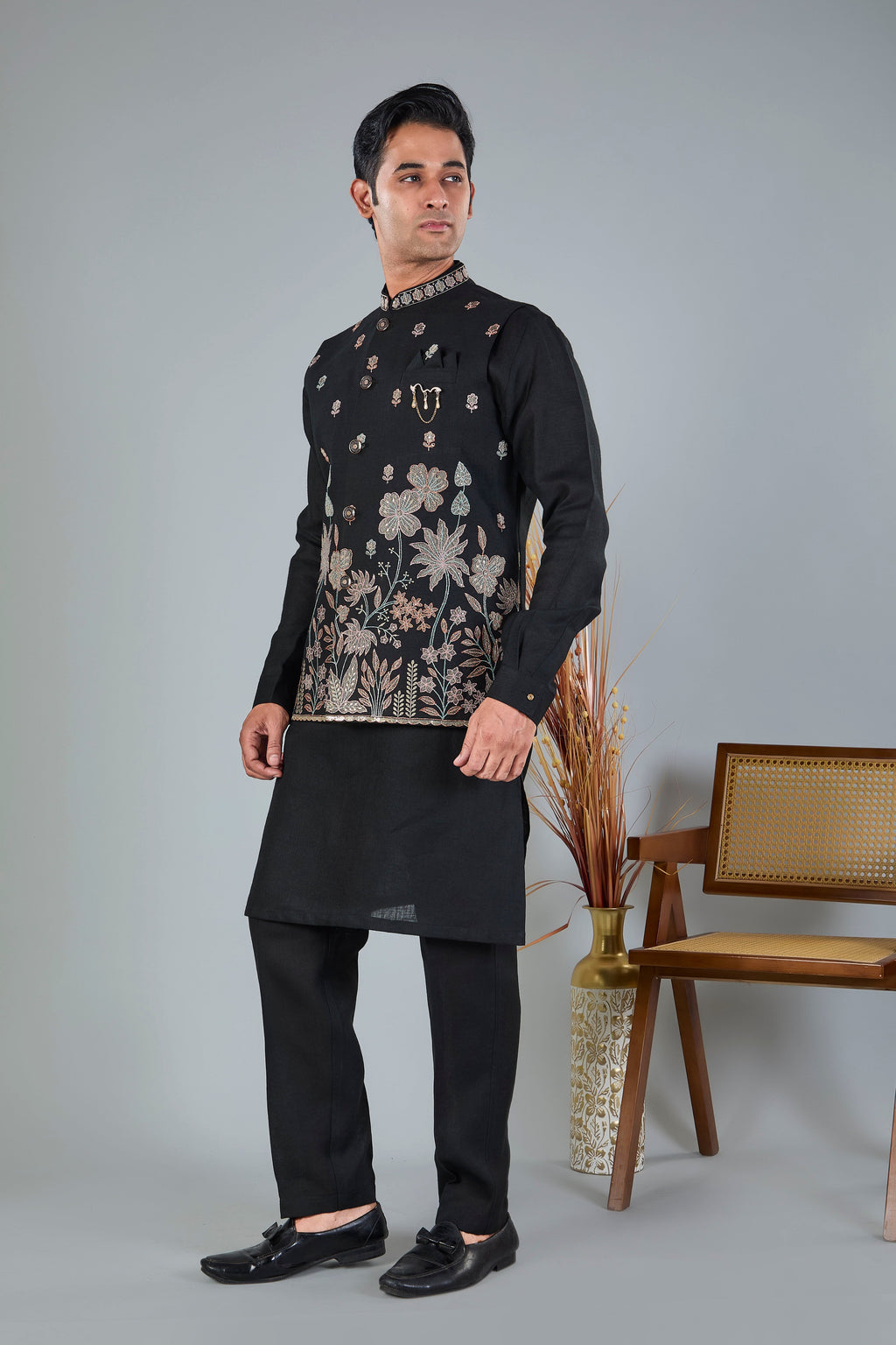 Men's Black Kurta Jacket Set with zari and resham work for Reception