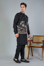Men's Black Kurta Jacket Set with zari and resham work for Reception