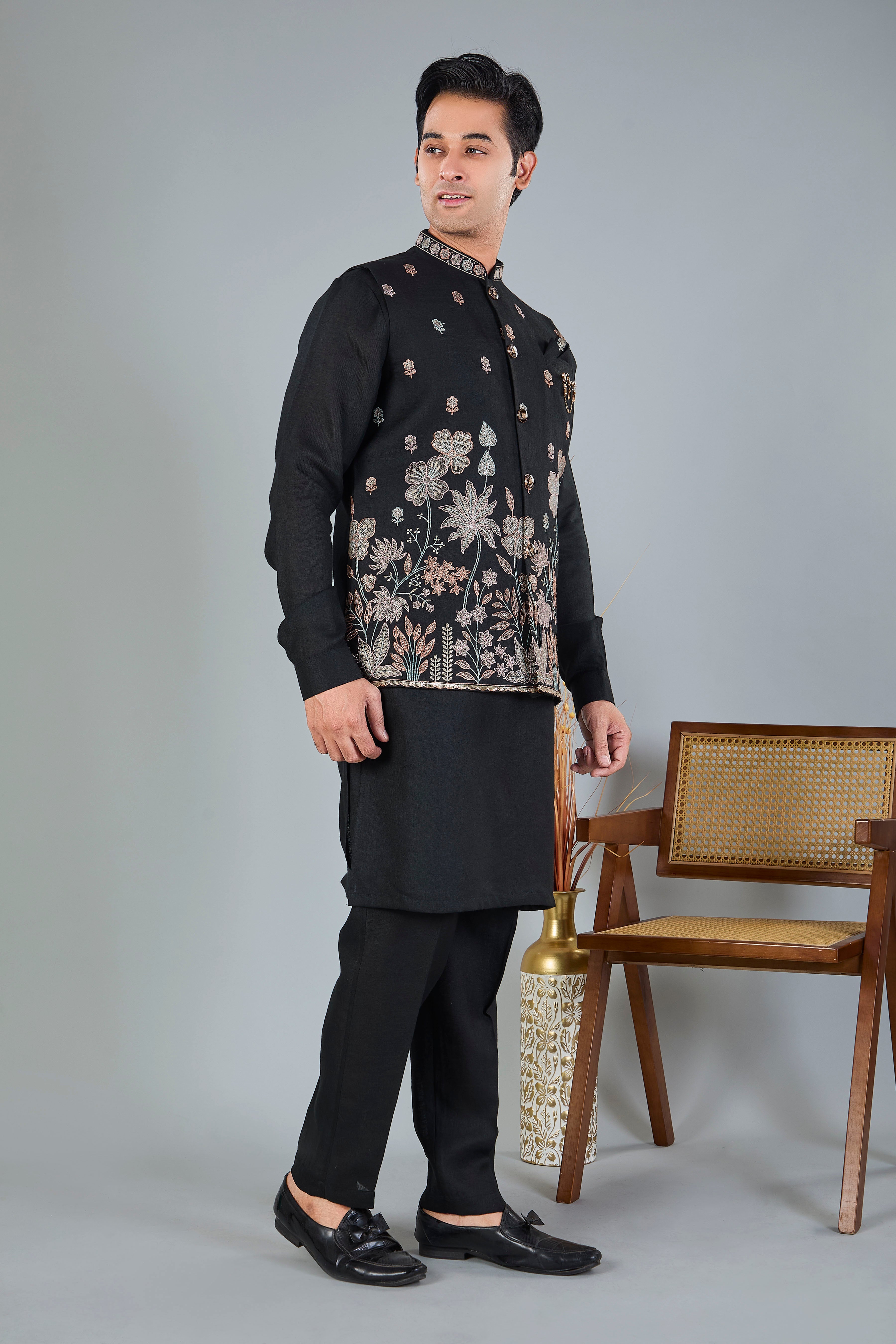 Men's Black Kurta Jacket Set with zari and resham work for Reception