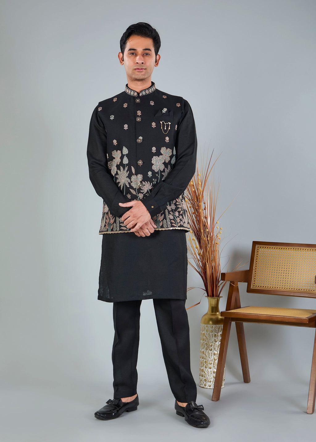 Men's Black Kurta Jacket Set with zari and resham work for Reception