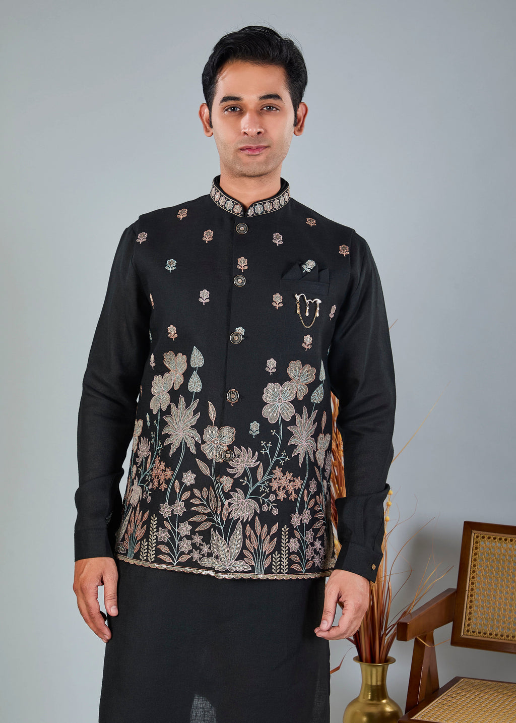 Men's Black Kurta Jacket Set with zari and resham work for Reception