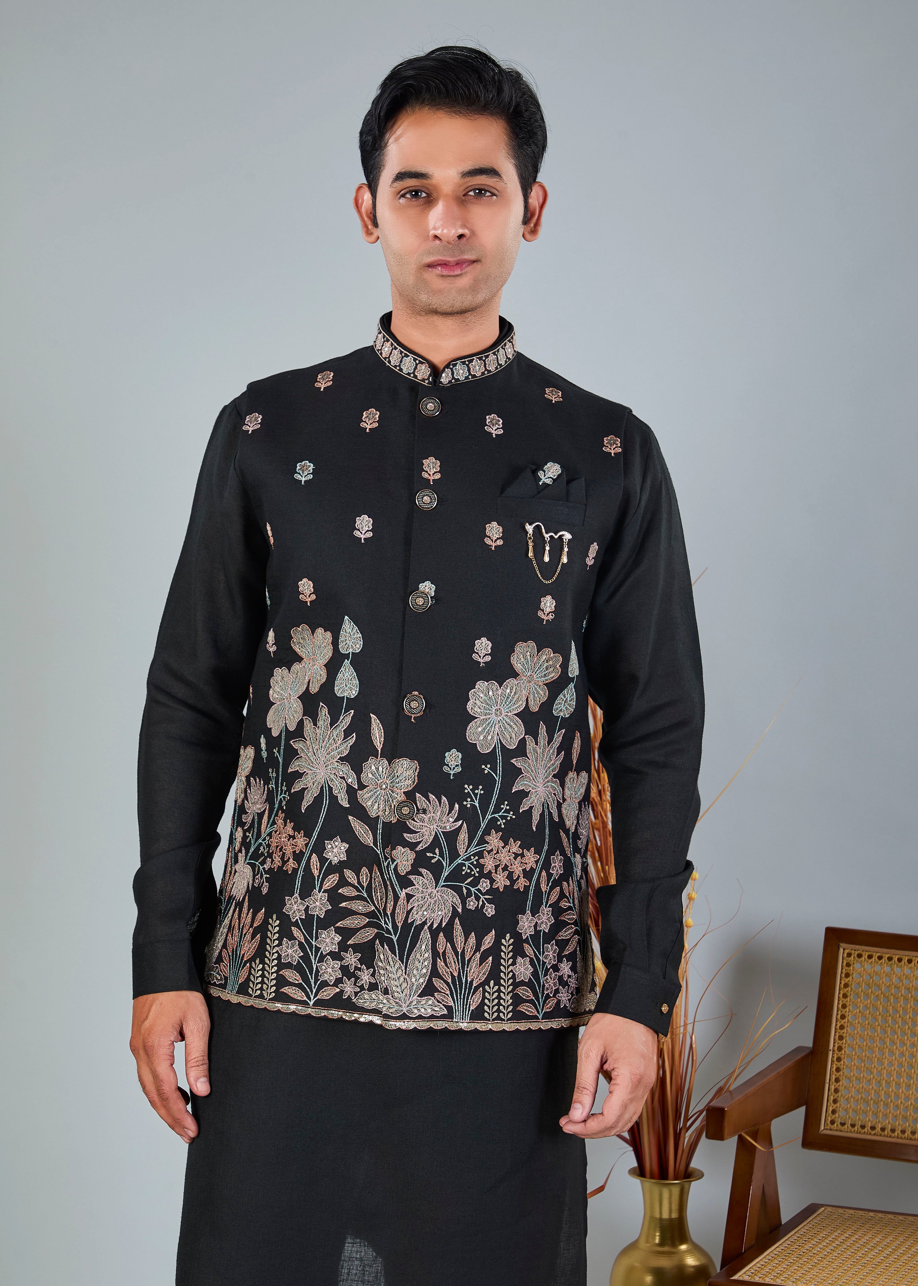 Men's Black Kurta Jacket Set with zari and resham work for Reception