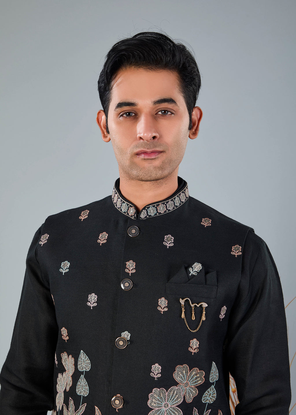 Men's Black Kurta Jacket Set with zari and resham work for Reception