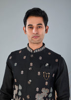 Men's Black Kurta Jacket Set with zari and resham work for Reception
