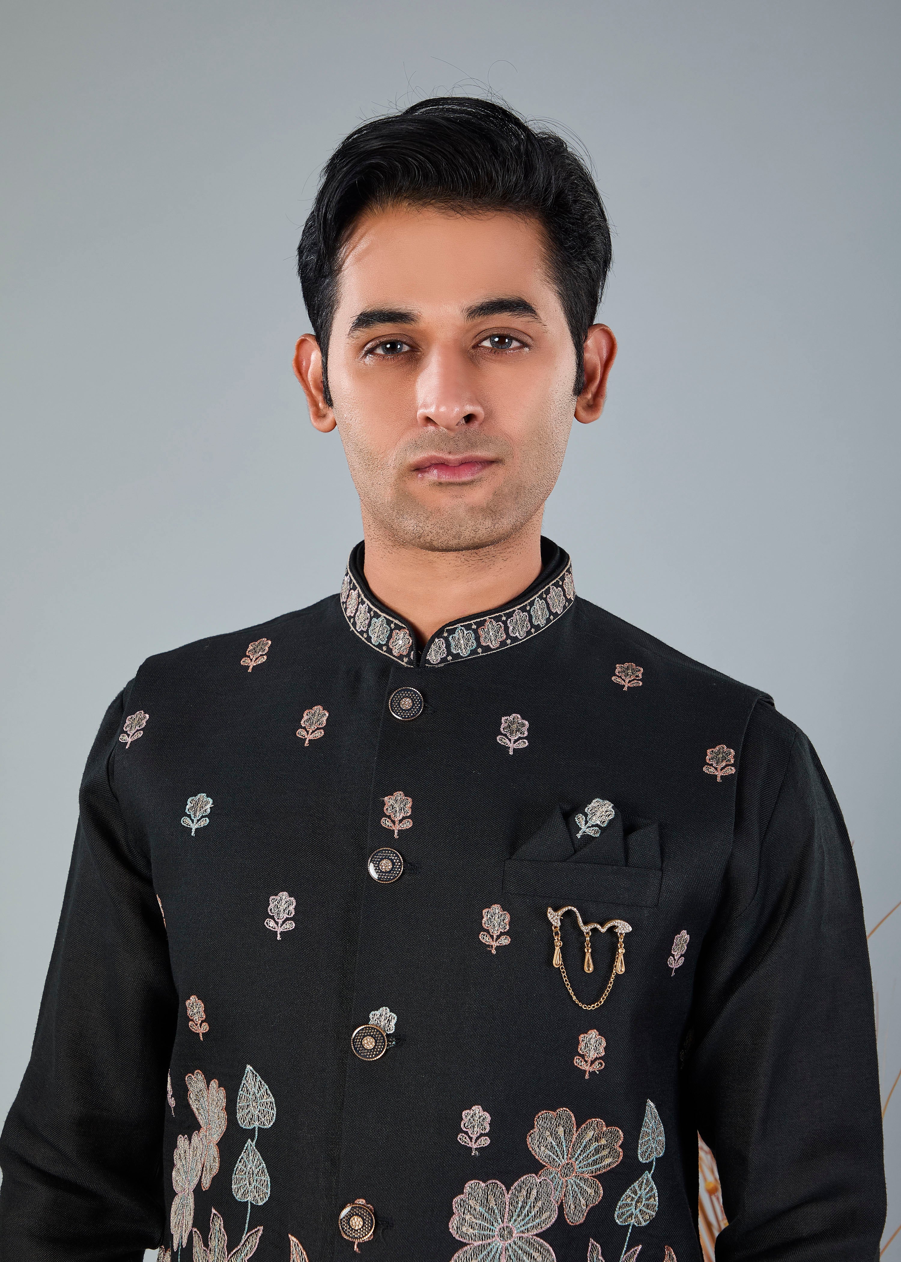 Men's Black Kurta Jacket Set with zari and resham work for Reception