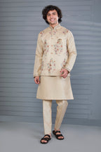 Stylish beige Men’s Kurta Jacket Set in Raw Silk for Wedding and Engagement