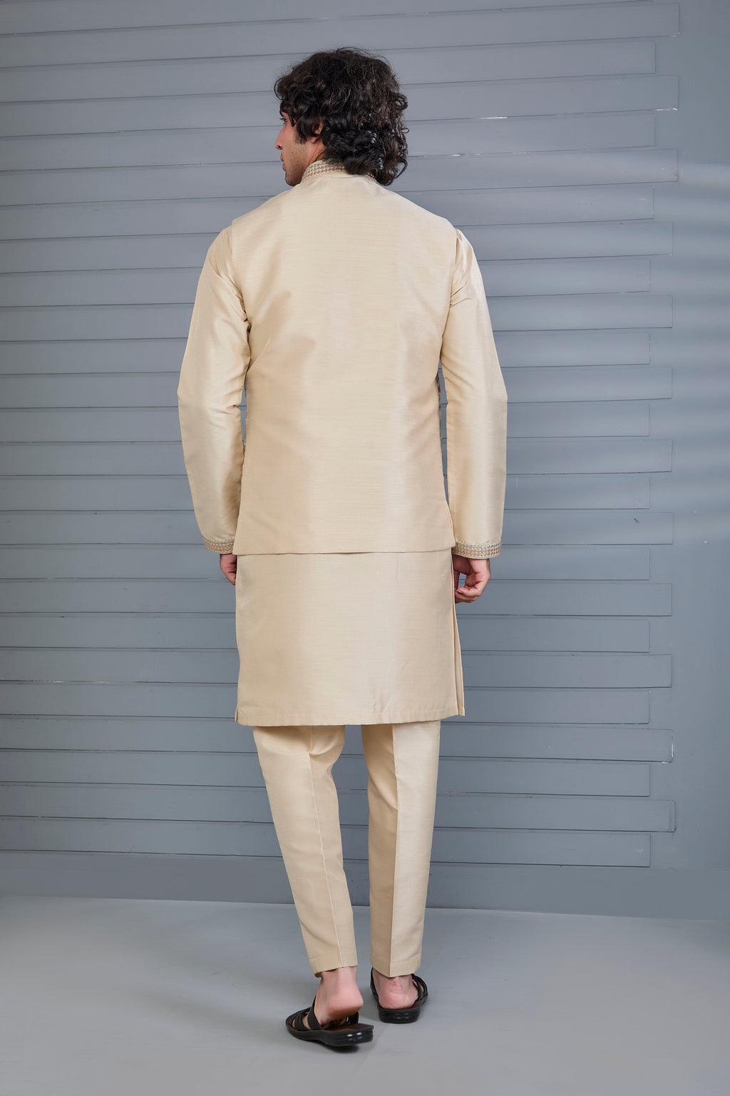 Stylish beige Men’s Kurta Jacket Set in Raw Silk for Wedding and Engagement