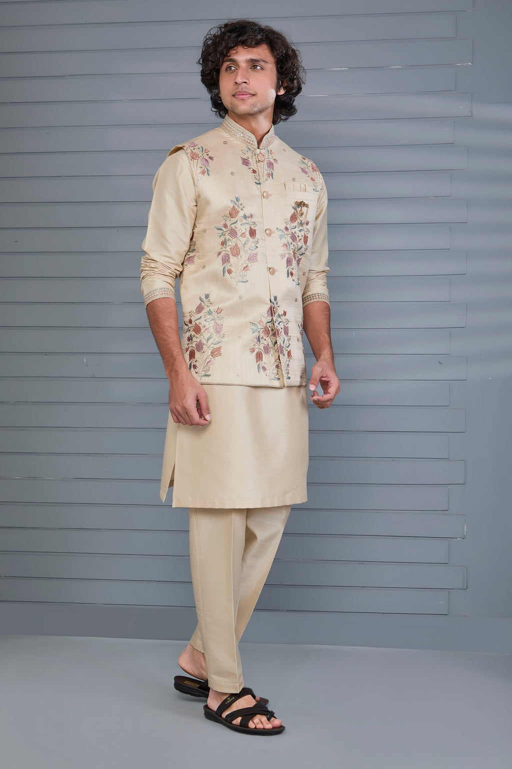 Stylish beige Men’s Kurta Jacket Set in Raw Silk for Wedding and Engagement