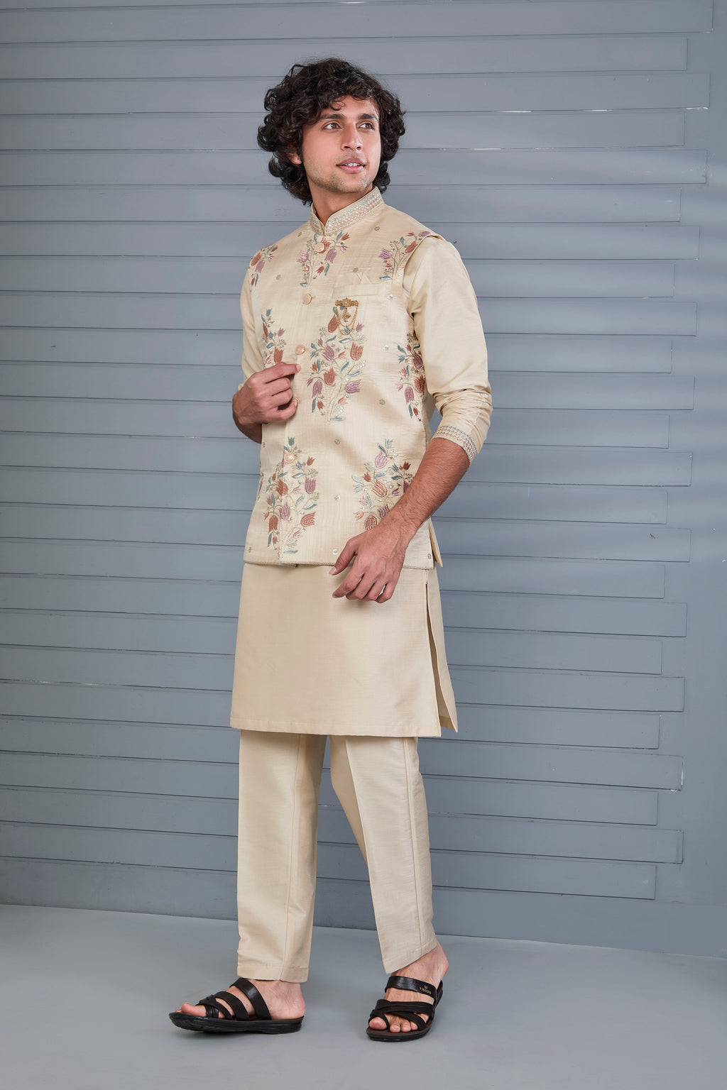Stylish beige Men’s Kurta Jacket Set in Raw Silk for Wedding and Engagement