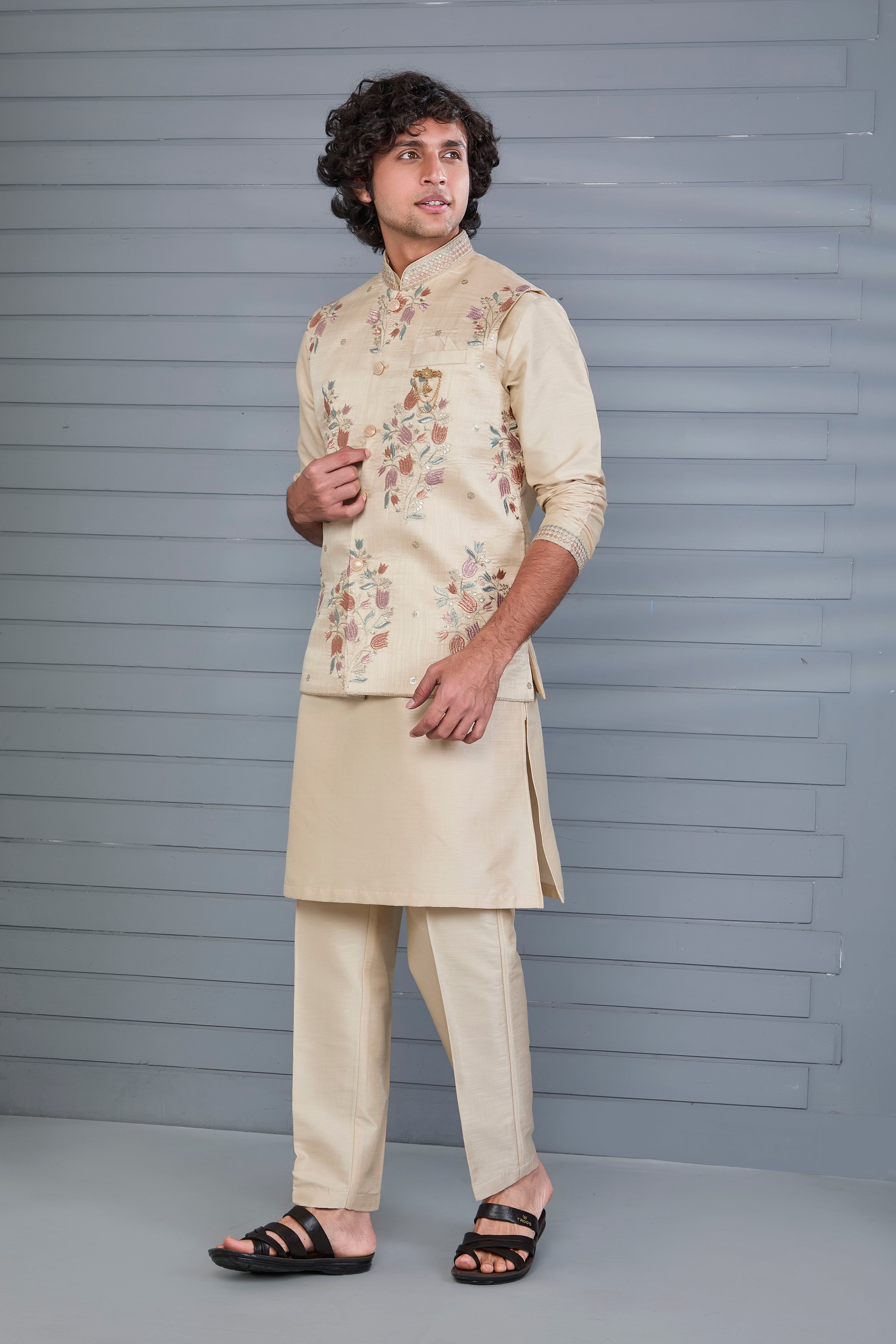 Stylish beige Men’s Kurta Jacket Set in Raw Silk for Wedding and Engagement