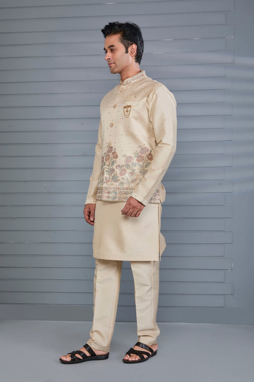 Beige Elegent Men's Kurta Jacket Set for Wedding and Engagement Events