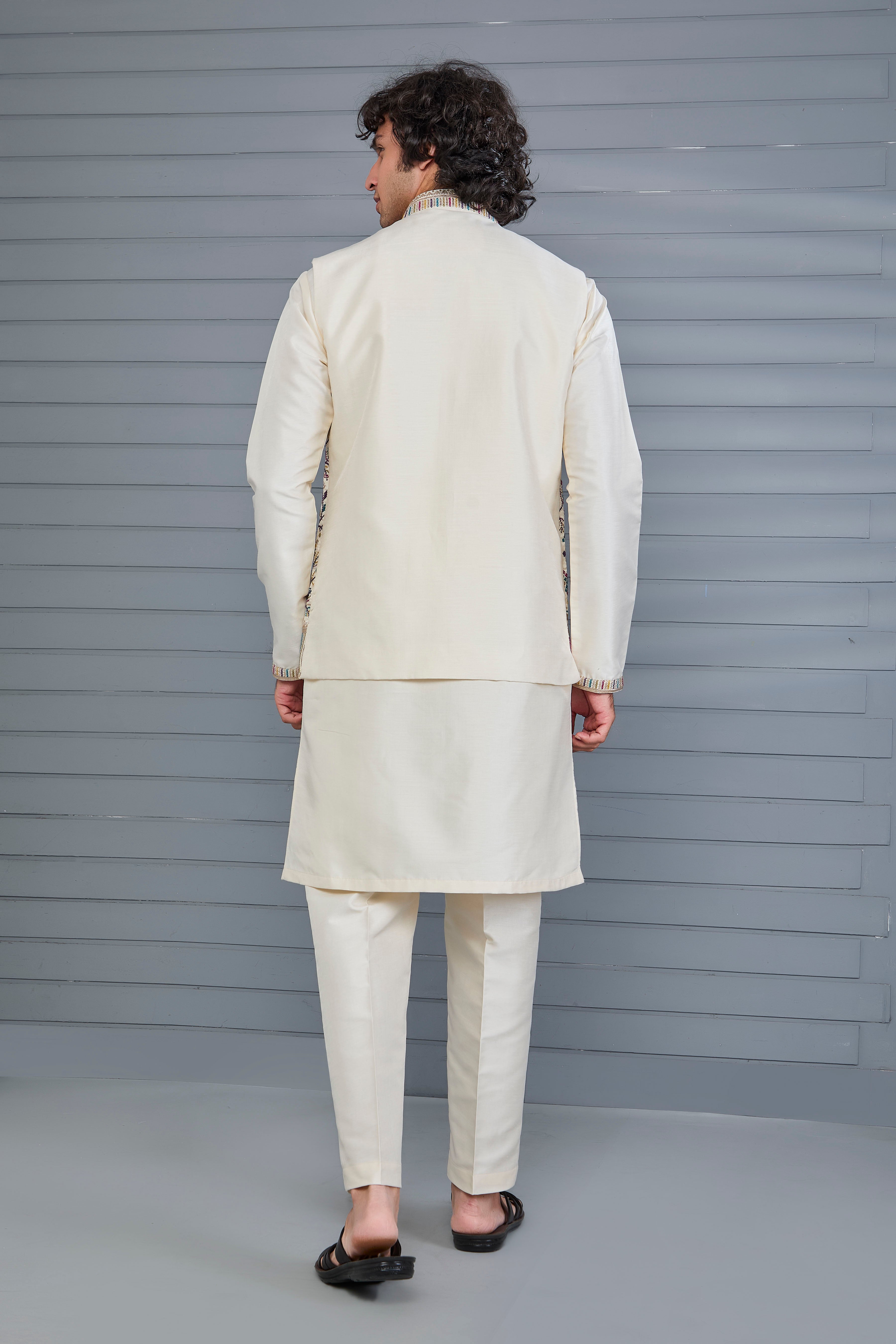 Cream Kurta Jacket Set in Raw Silk Traditional Events For Men