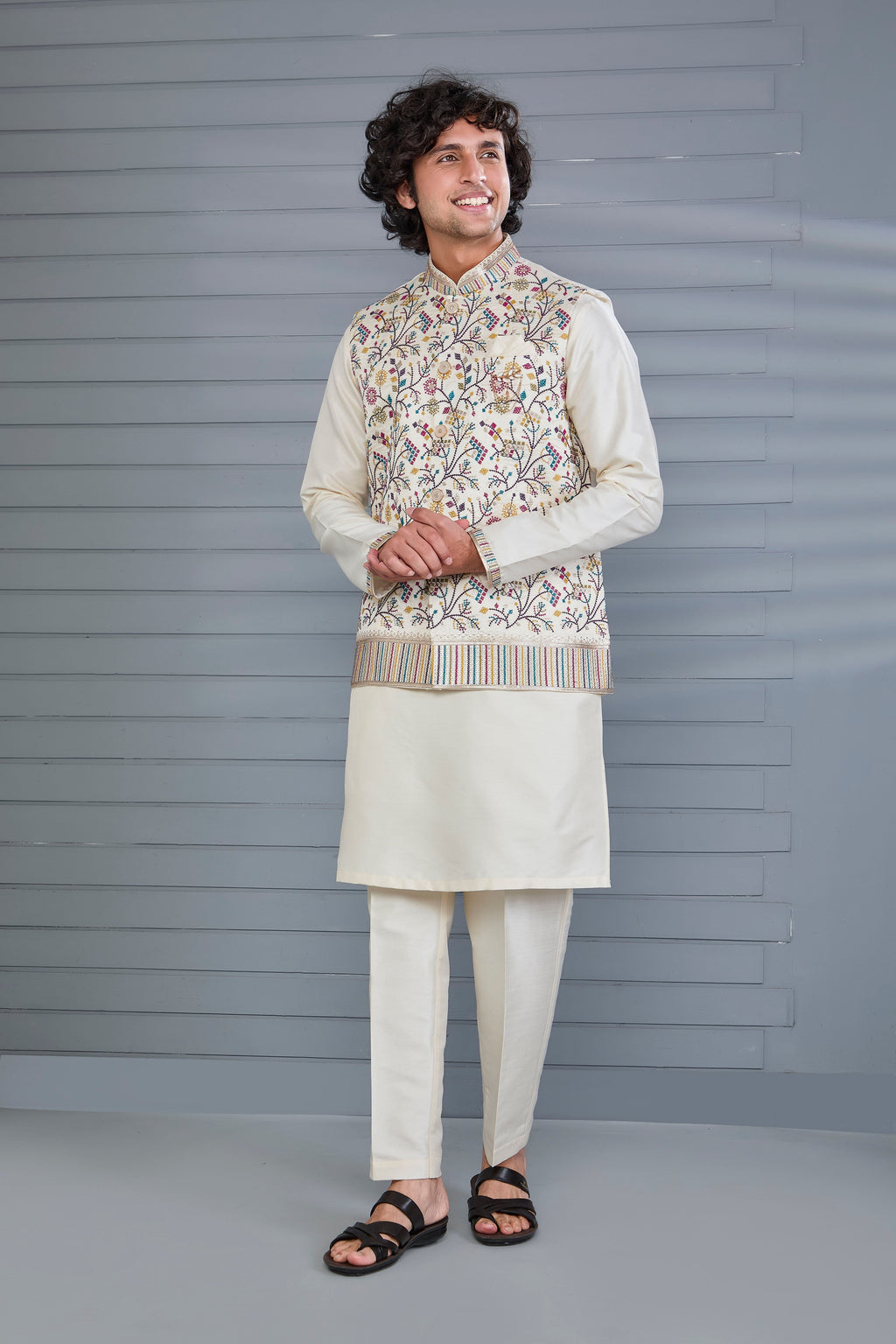 Cream Kurta Jacket Set in Raw Silk Traditional Events For Men