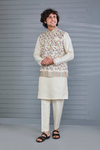 Cream Kurta Jacket Set in Raw Silk Traditional Events For Men