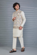 Cream Kurta Jacket Set in Raw Silk Traditional Events For Men