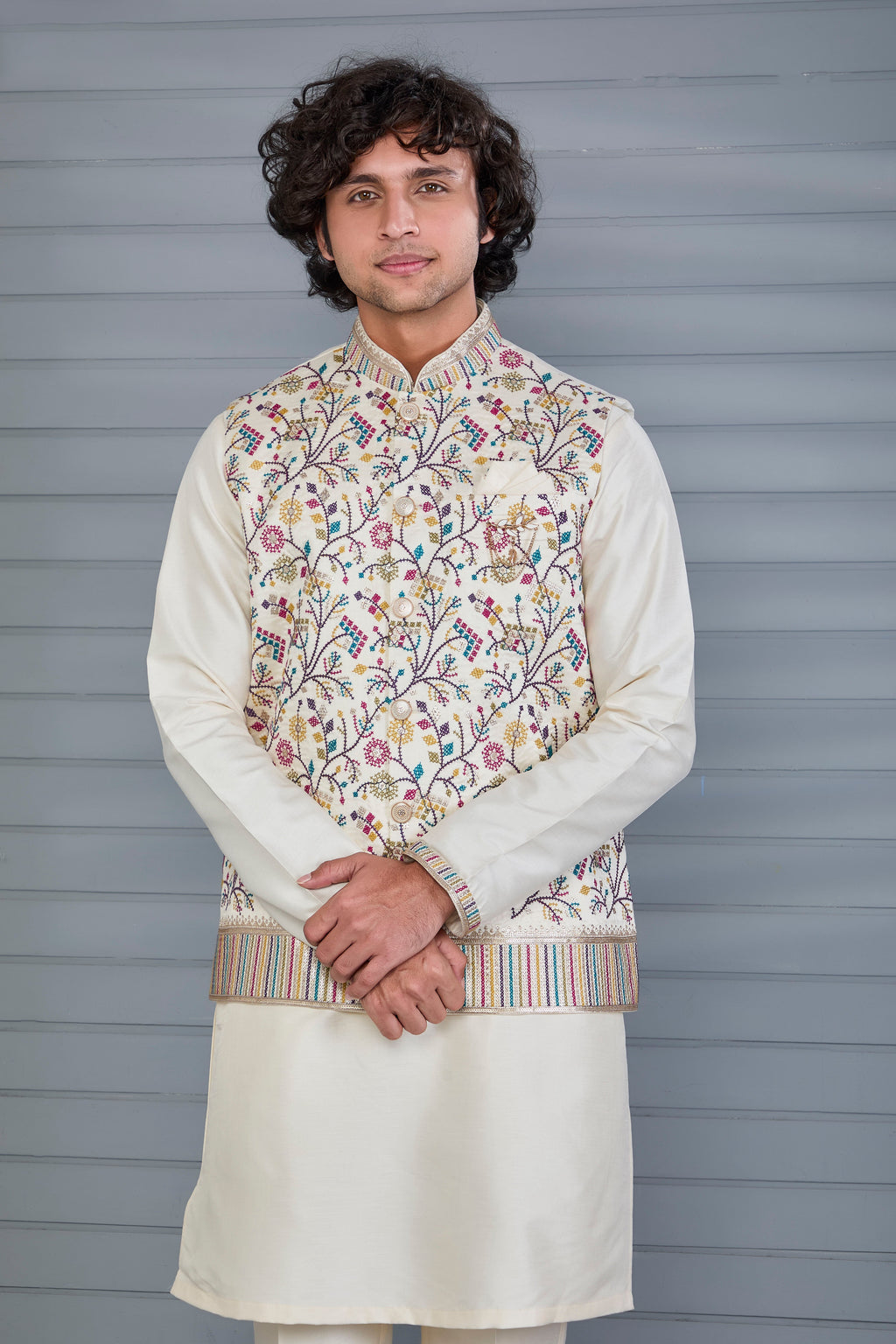 Cream Kurta Jacket Set in Raw Silk Traditional Events For Men