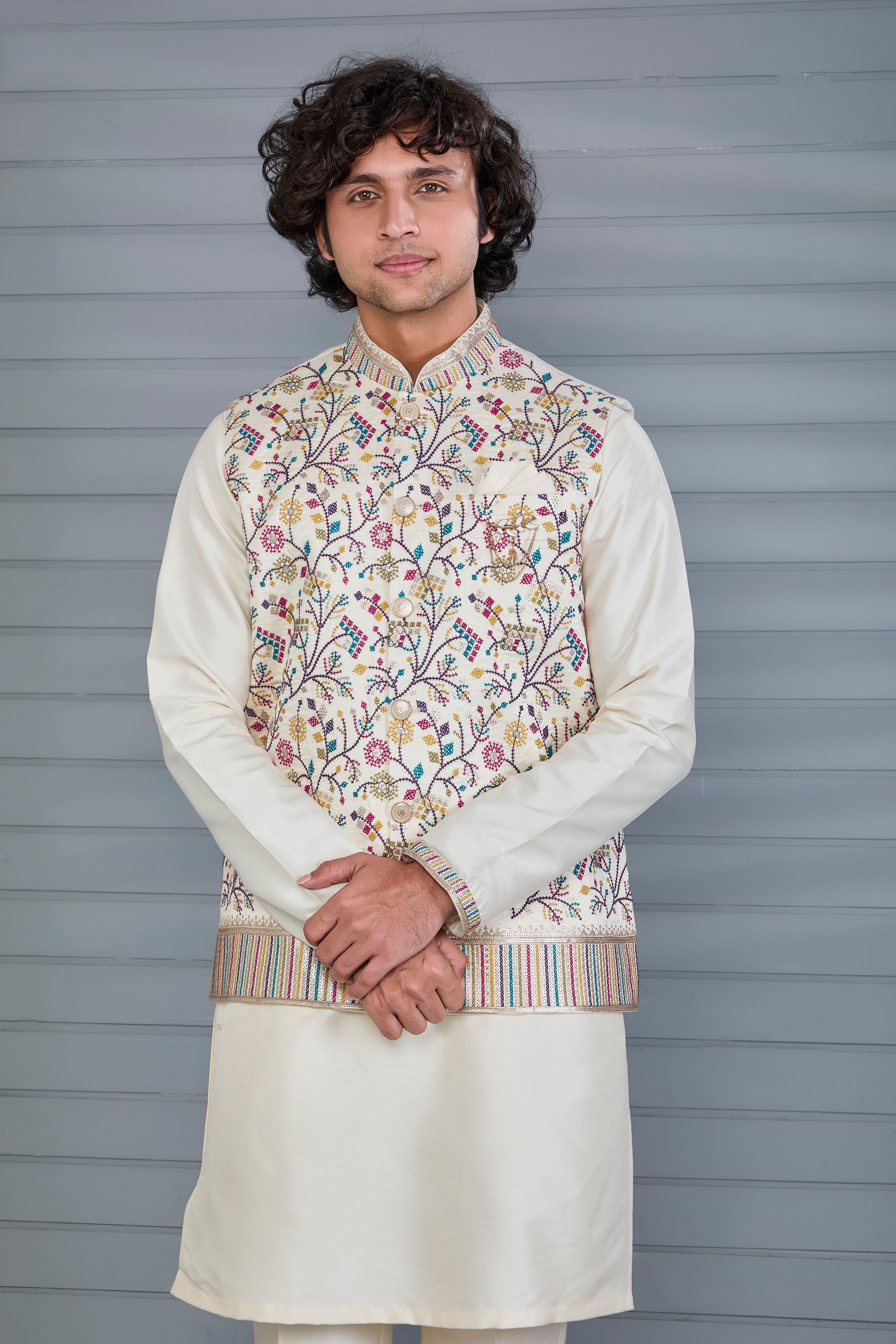 Cream Kurta Jacket Set in Raw Silk Traditional Events For Men
