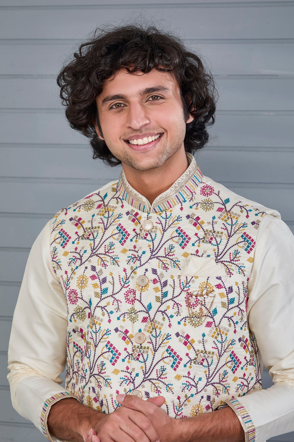 Cream Kurta Jacket Set in Raw Silk Traditional Events For Men
