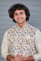 Cream Kurta Jacket Set in Raw Silk Traditional Events For Men