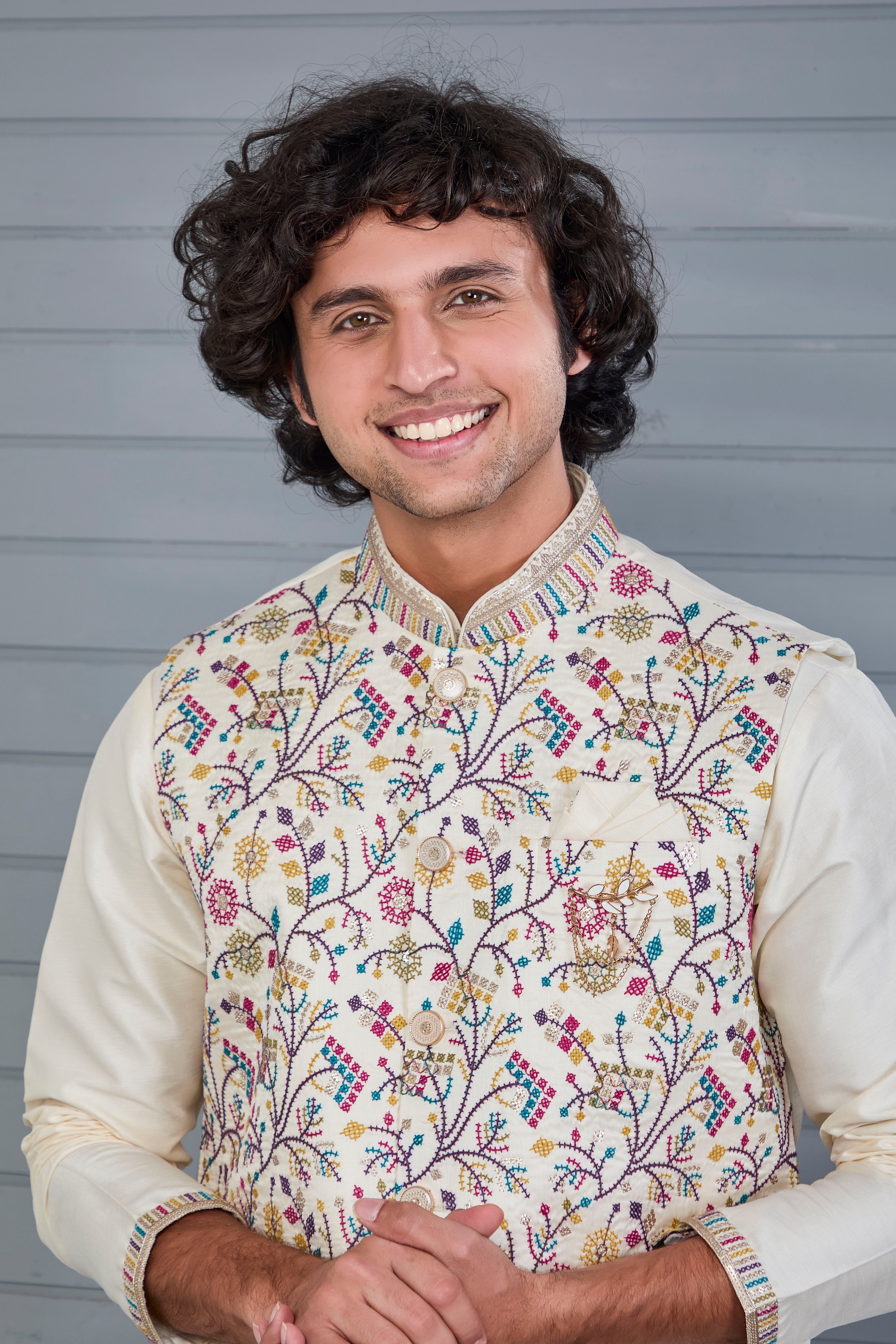 Cream Kurta Jacket Set in Raw Silk Traditional Events For Men