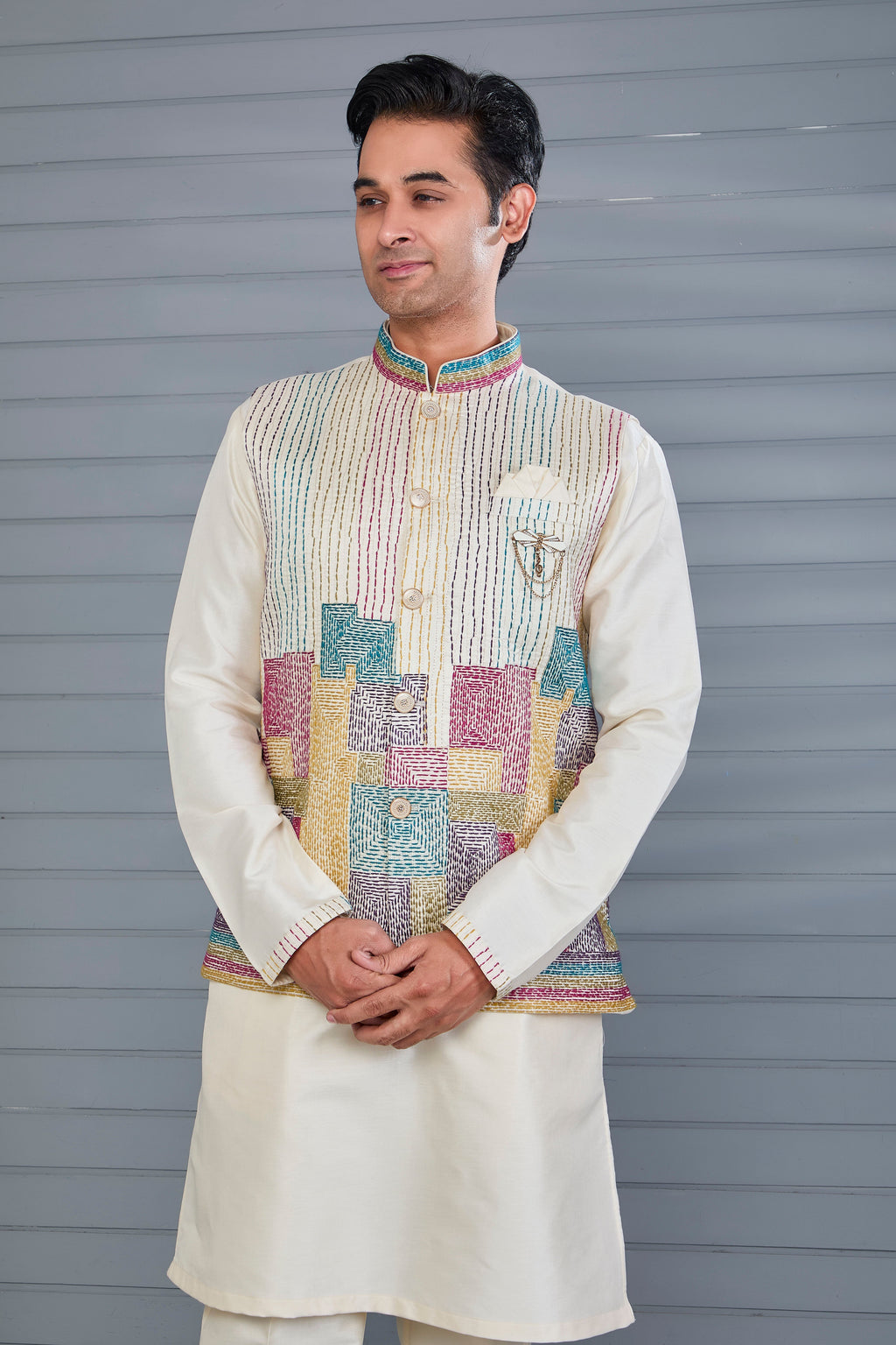 Wedding and Festive Occasion Embroidered Cream Men’s Kurta Jacket Set